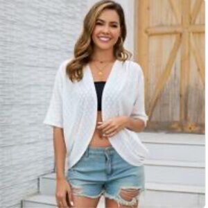 NWOT White Eyelet Short Sleeve Summer Cardigan M Boho Beach Coverup Airy